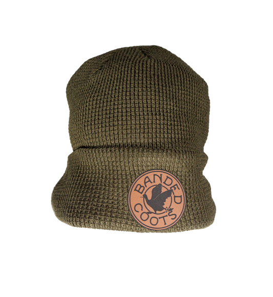 Beanie: Army Green With Banded Coots Leather Patch